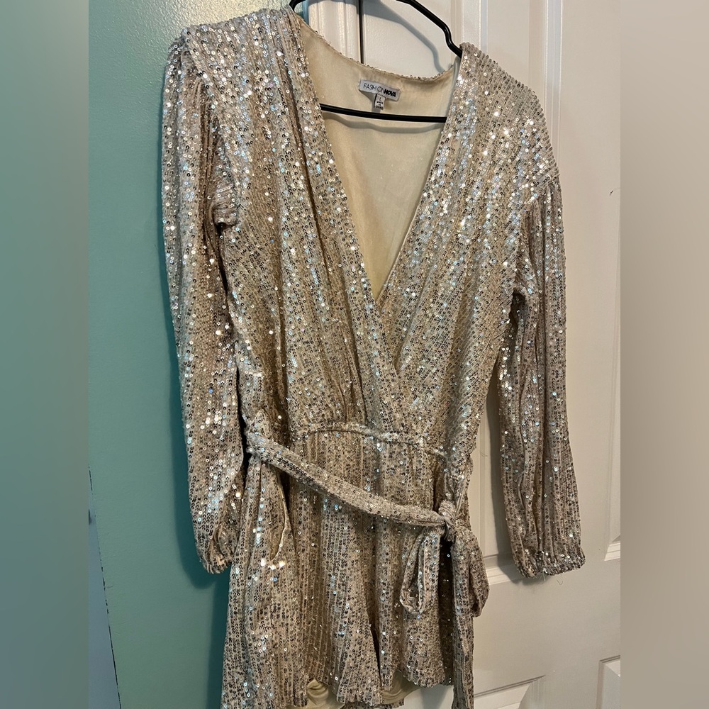 Fashion Nova sequin silver romper, size L.